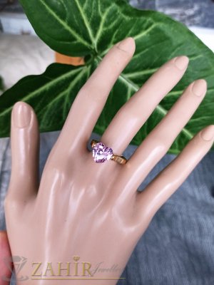  Изящен пръстен от неръждаема стомана с уникален розов 1 см циркон -СЪРЦЕ, златно покритие - P1571